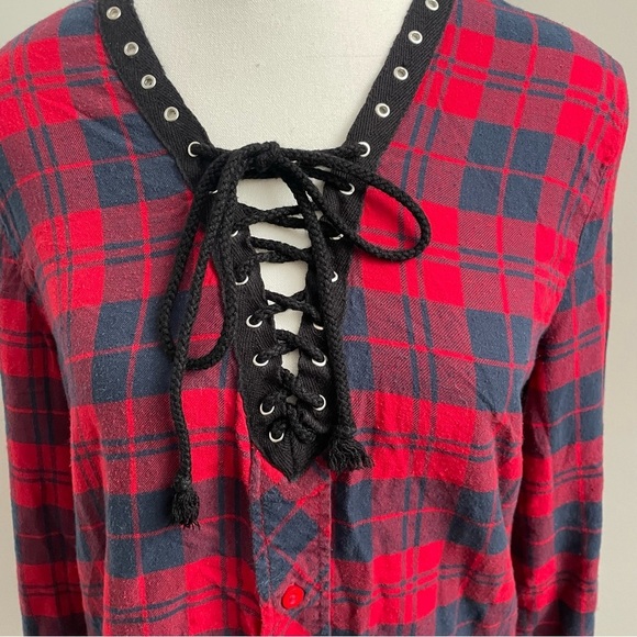Vintage Y2K Grunge UK2LA Plaid Lace Up Closure Long Sleeve Top Red/Black Size S - Picture 2 of 8